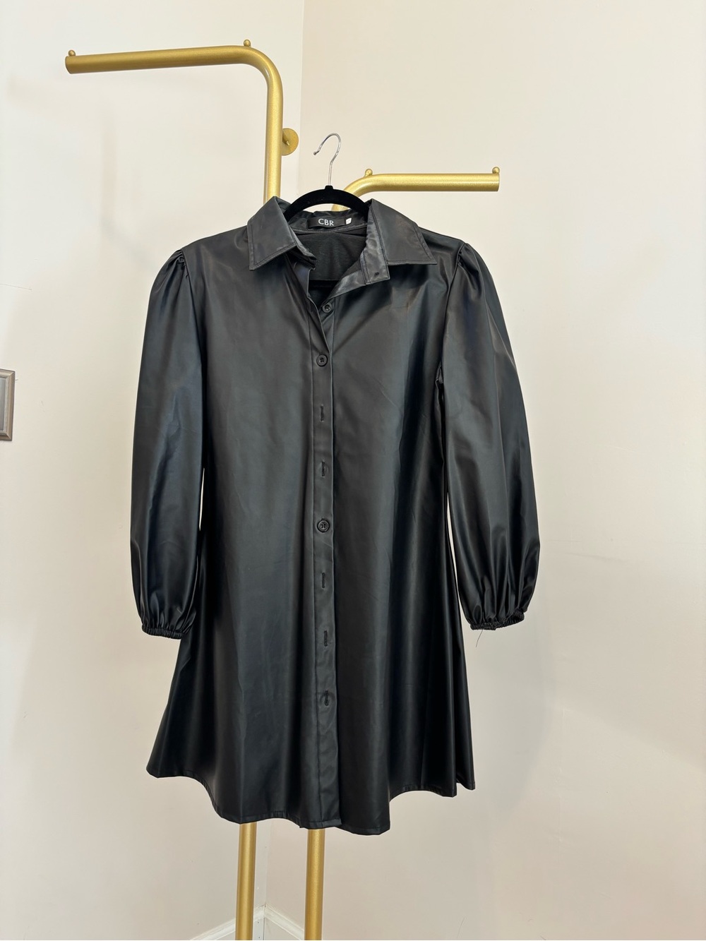 CBR Black Faux Leather Long-Sleeve Button Dress